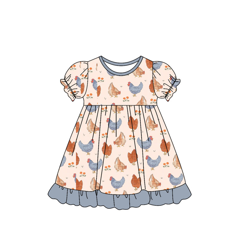 (Pre-order)GSD2543 Chicken Print Girls Summer Knee Length Dress