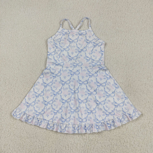 GSD2580  Blue Bows Pink Flowers Print Girls Summer Knee Length Shorts Yoga Dress