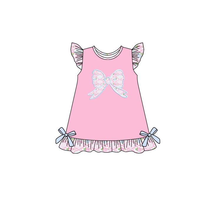 (Pre-order)GSD2586 Flowers Bows Pink Print Girls Knee Length Dress