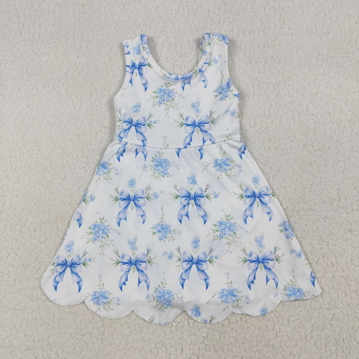 GSD2587 Blue Flowers Bows Girls Summer Knee Length Yoga Dress