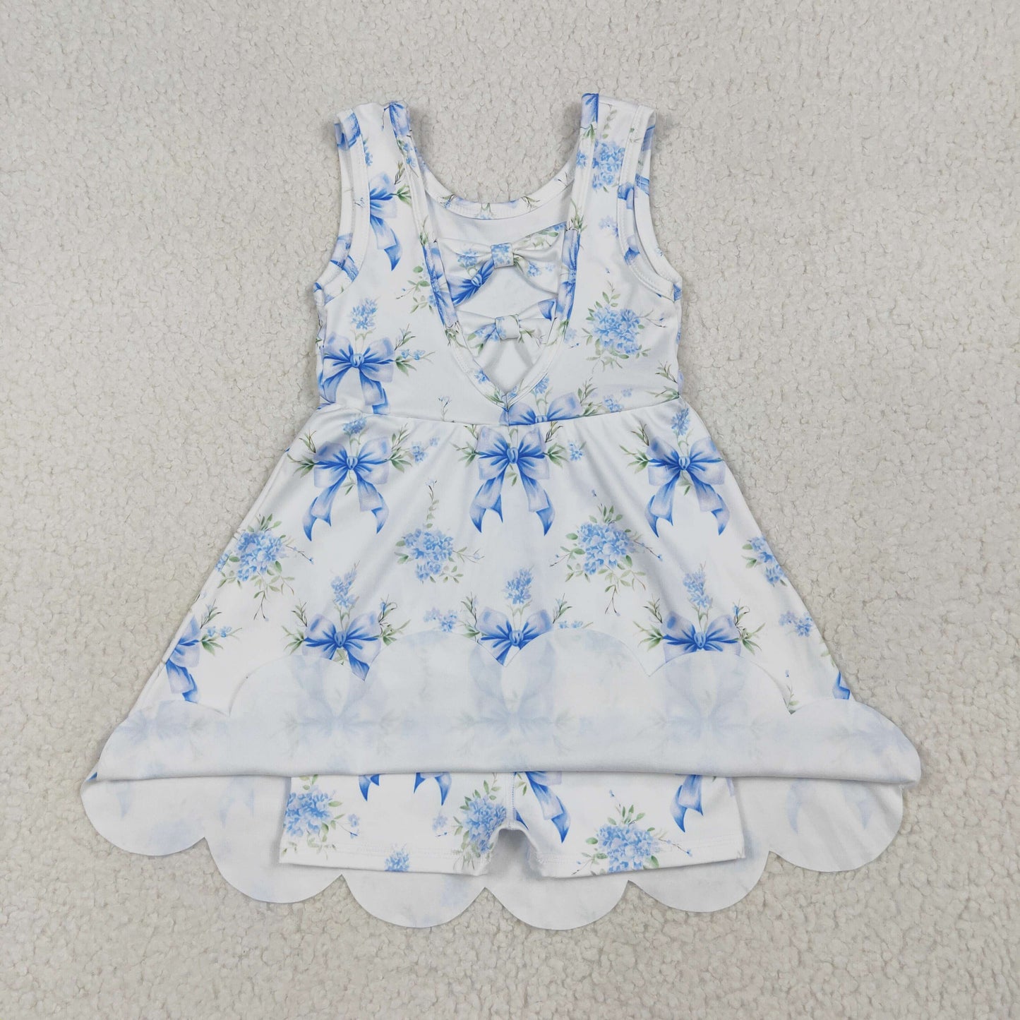 GSD2587 Blue Flowers Bows Girls Summer Knee Length Yoga Dress