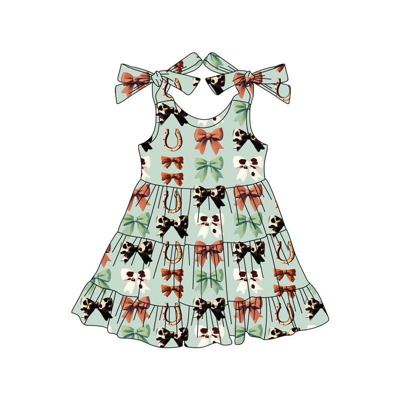 (Pre-order)GSD2589 Bows Green Print Girls Summer Western Knee Length Dress