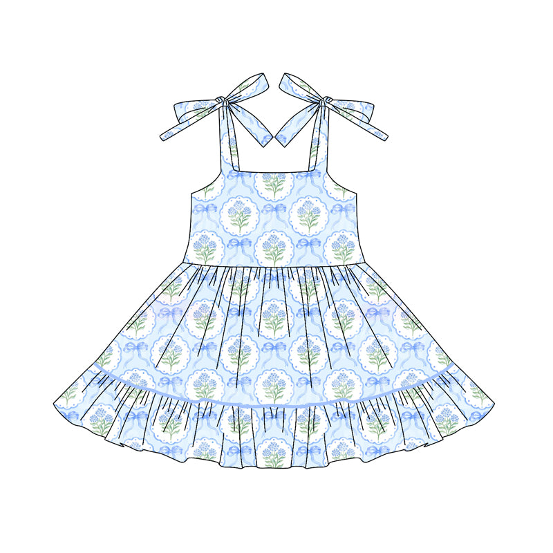 (Pre-order)GSD2590 Blue Flowers Bows Print Girls Summer Knee Length Strap Dress