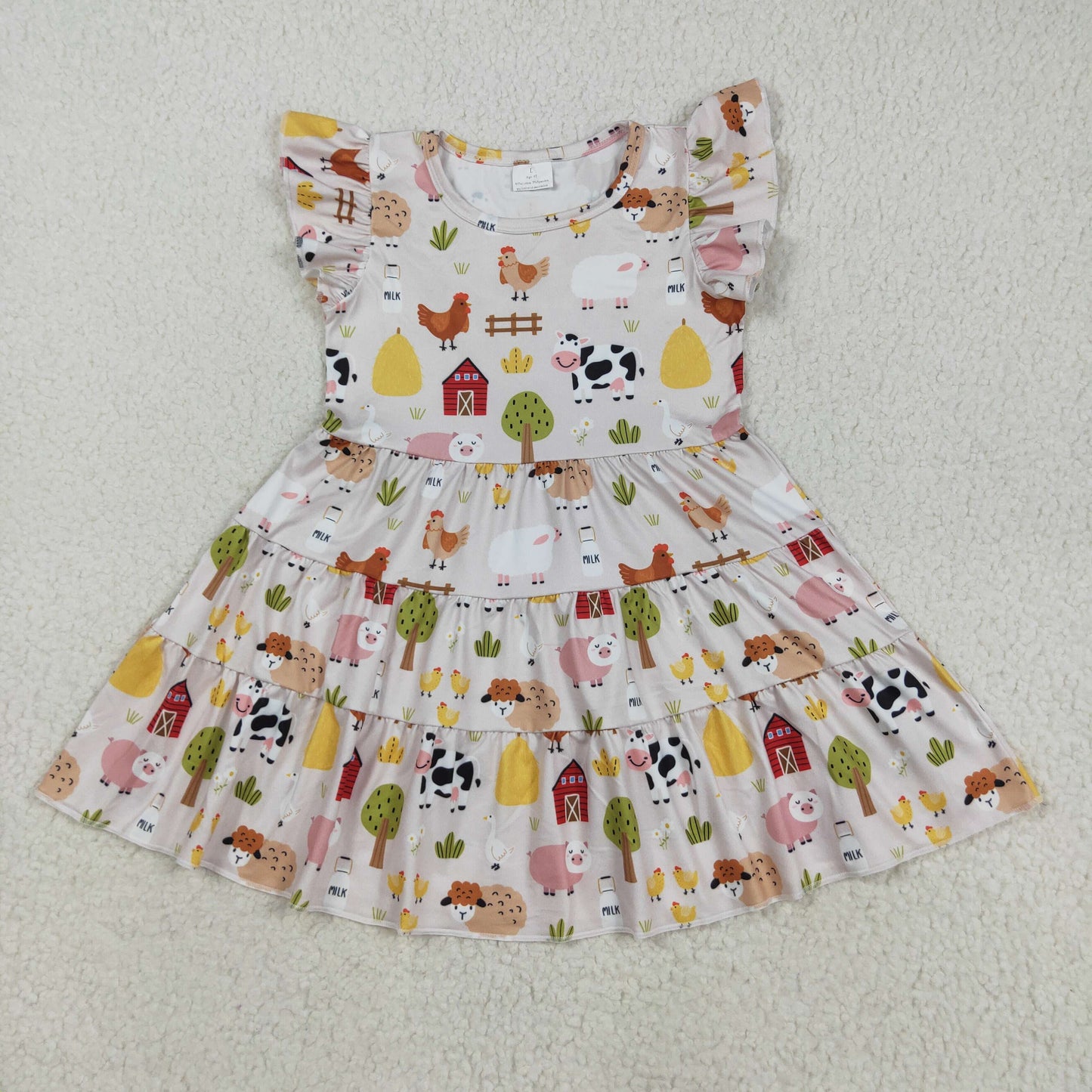 GSD2595 Farm Animals Print Girls Summer Flutter Knee Length Dress