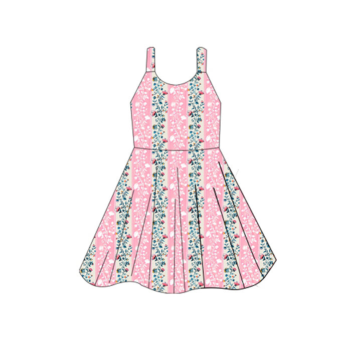 (Pre-order)GSD2596 Pink Flowers Print Girls Summer Knee Length Dress