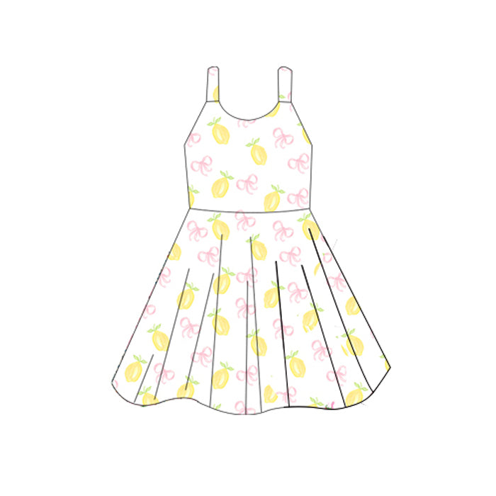 (Pre-order)GSD2597 Lemon Bows Print Girls Summer Knee Length Dress