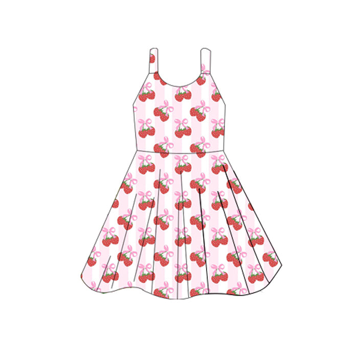 (Pre-order)GSD2598 Cherry Bows Print Girls Summer Knee Length Dress