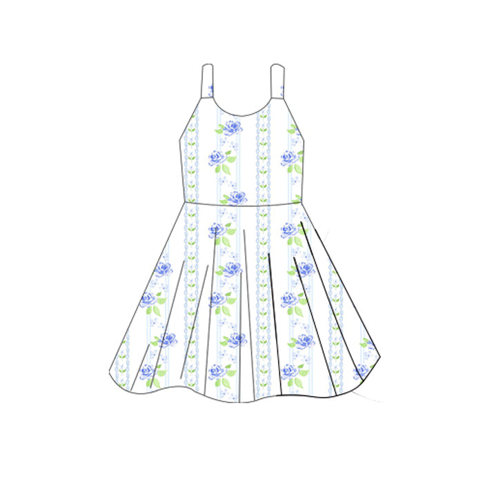 (Pre-order)GSD2601 Blue Flowers Print Girls Summer Knee Length Dress