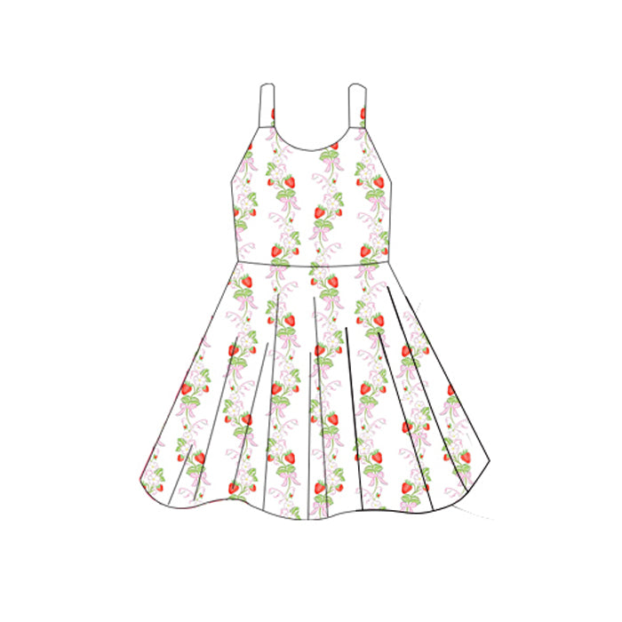 (Pre-order)GSD2603 Strawberry Flowers Print Girls Summer Knee Length Dress