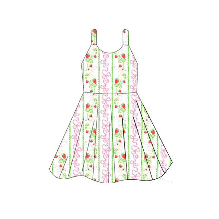 (Pre-order)GSD2604 Strawberry Flowers Bows Print Girls Summer Knee Length Dress