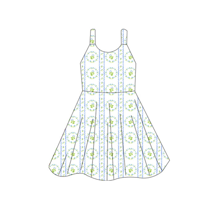 (Pre-order)GSD2605 Small Flowers Print Girls Summer Knee Length Dress