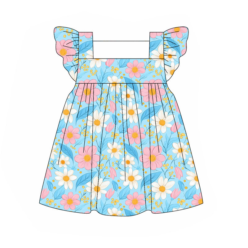 (Pre-order)GSD2609 Flowers Blue Print Girls Summer Knee Length Dress
