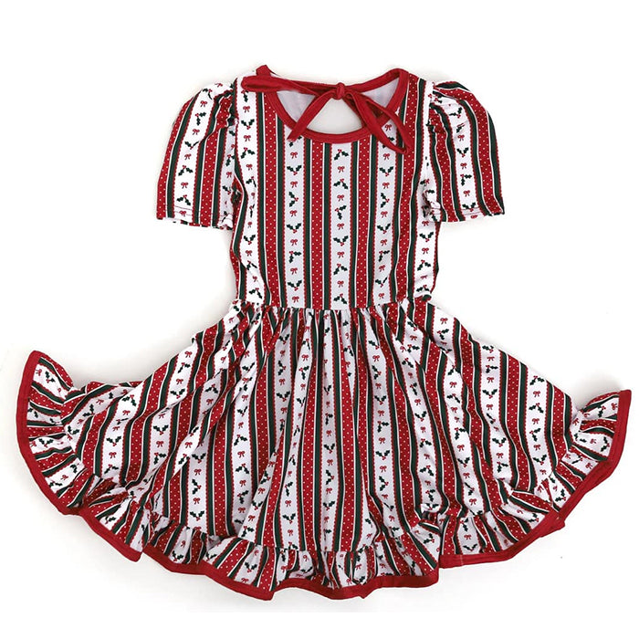 (Pre-order)GSD2612 Holly Bows Red Stripes Print Girls Christmas Knee Length Dress