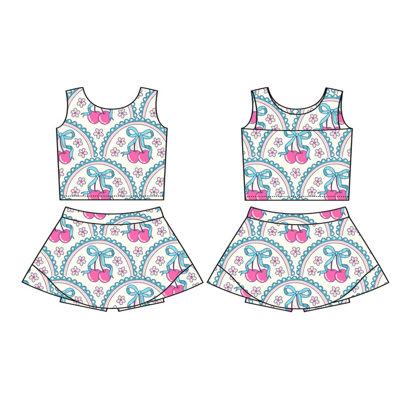 (Pre-order)GSD2623 Cherry Flowers Bows Tank Top Shorts Skirts Girls Summer Yoga Outfits