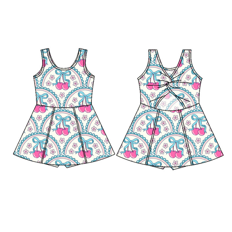 (Pre-order)GSD2627 Cherry Flowers Bows Girls Summer Knee Length Yoga Dress