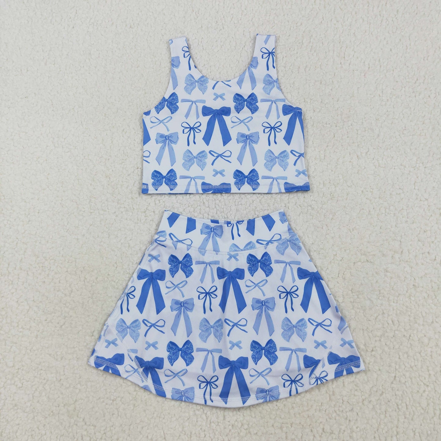 GSD2640 Blue Bows Tank Top Shorts Skirts Girls Summer Yoga Outfits