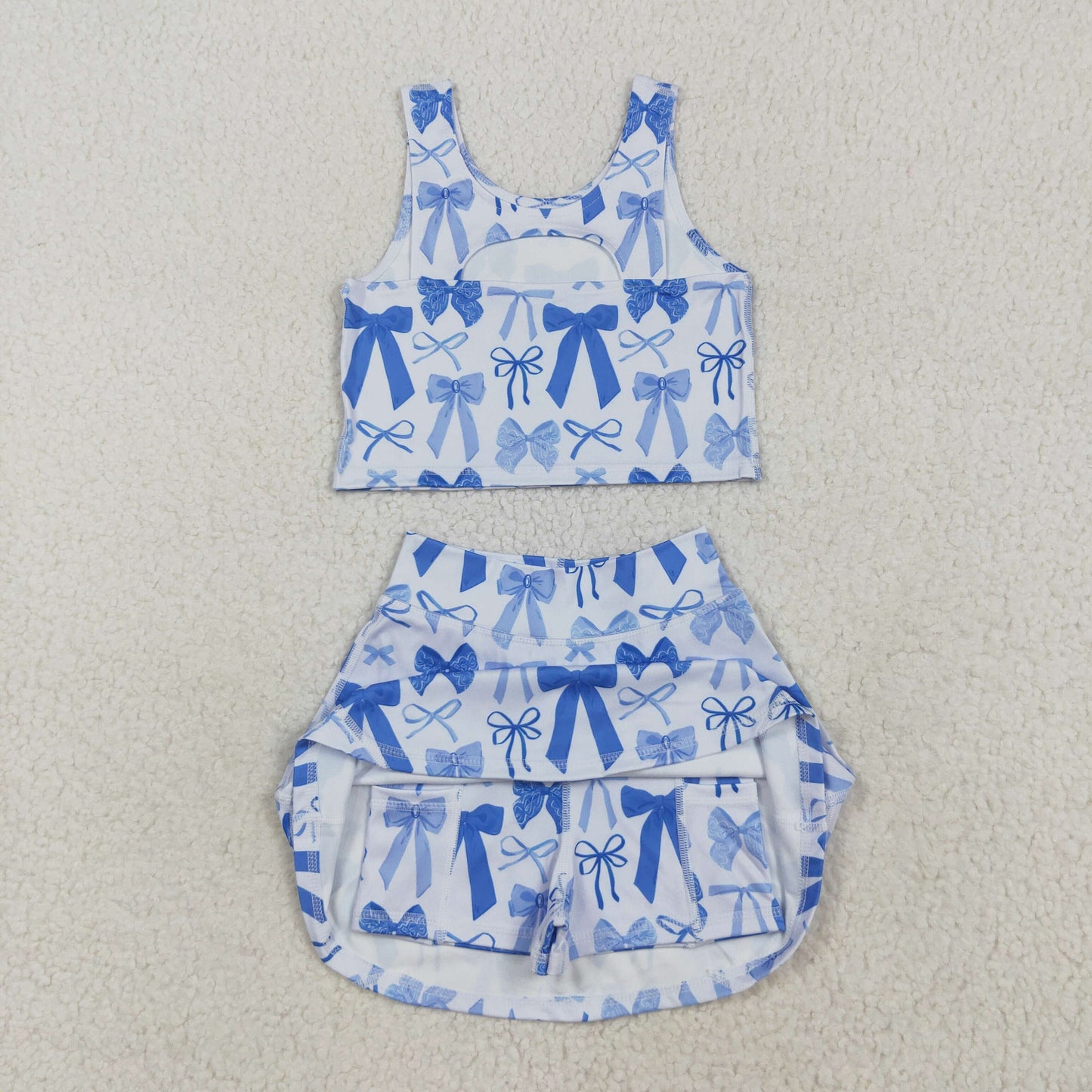 GSD2640 Blue Bows Tank Top Shorts Skirts Girls Summer Yoga Outfits