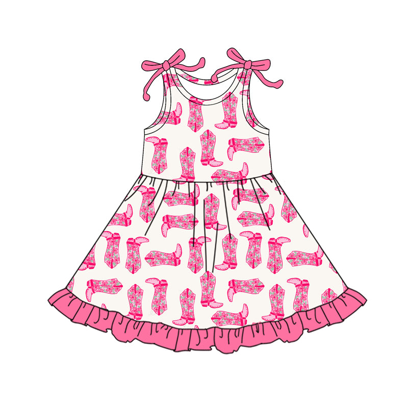 (Pre-order)GSD2643 Pink Boots Flowers Print Girls Summer Knee Length Dress