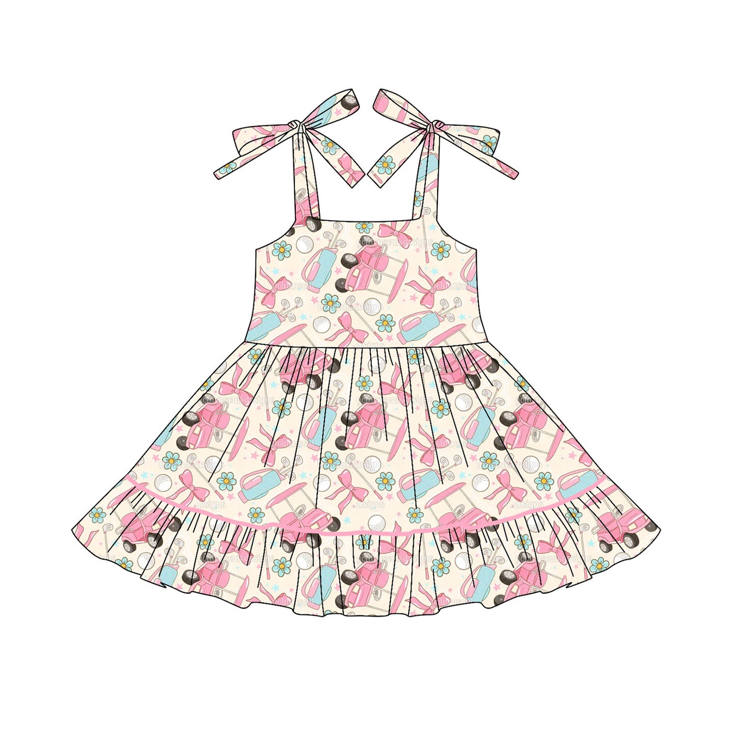 (Pre-order)GSD2644 Golf Trucks Flowers Bows Print Girls Summer Knee Length Dress