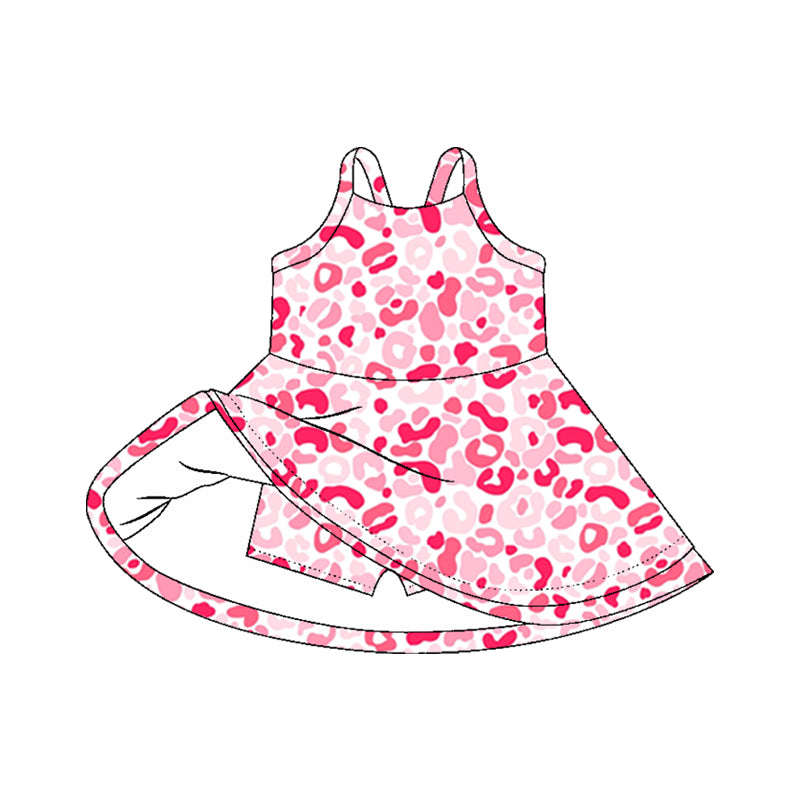 (Pre-order)GSD2647 Pink Leopard Girls Knee Length Yoga Dress