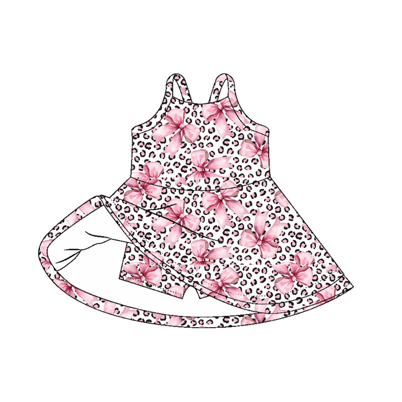 (Pre-order)GSD2648 Pink Leopard Bows Girls Knee Length Yoga Dress