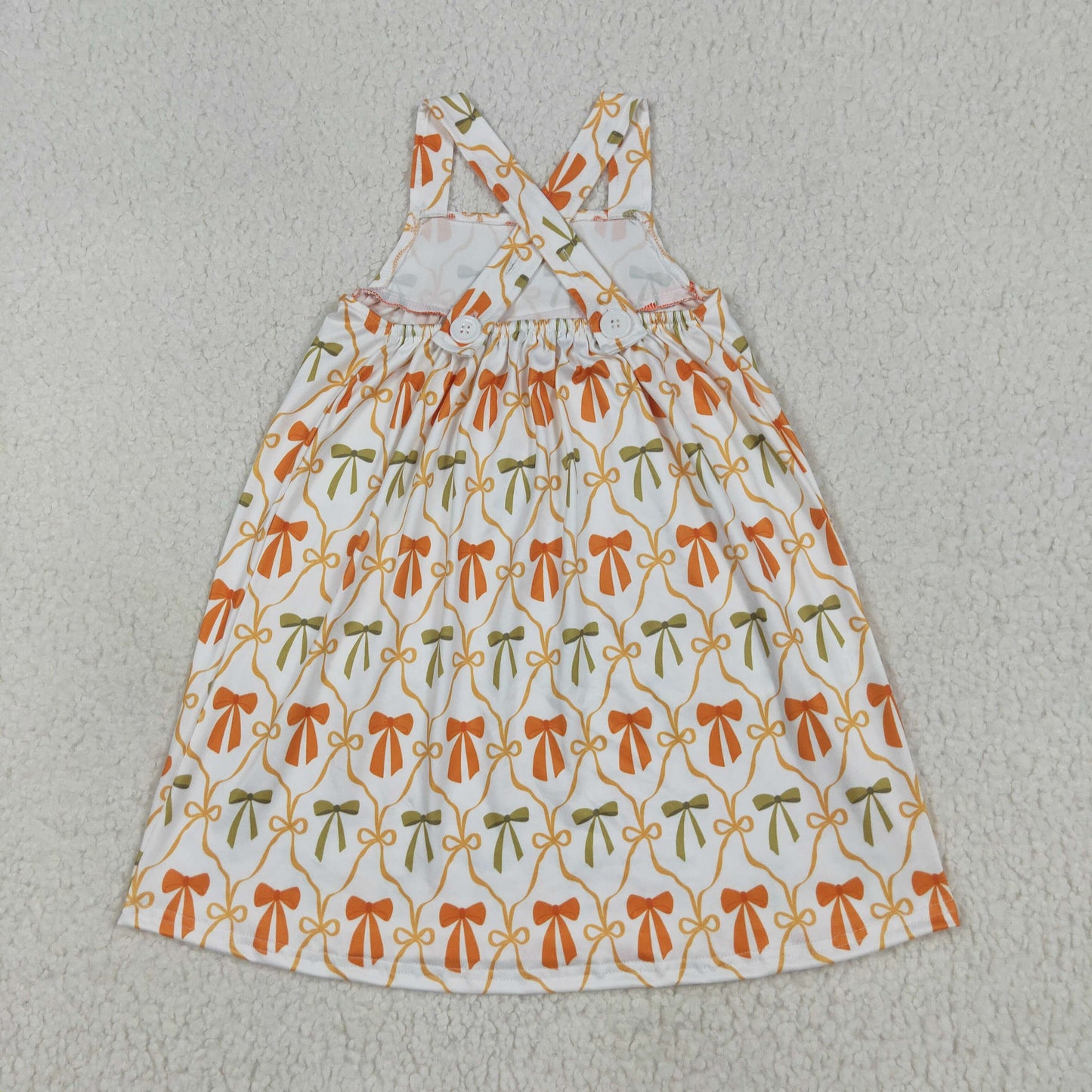 GSD2676 Orange Bows Print Pockets Girls Fall Knee Length Dress