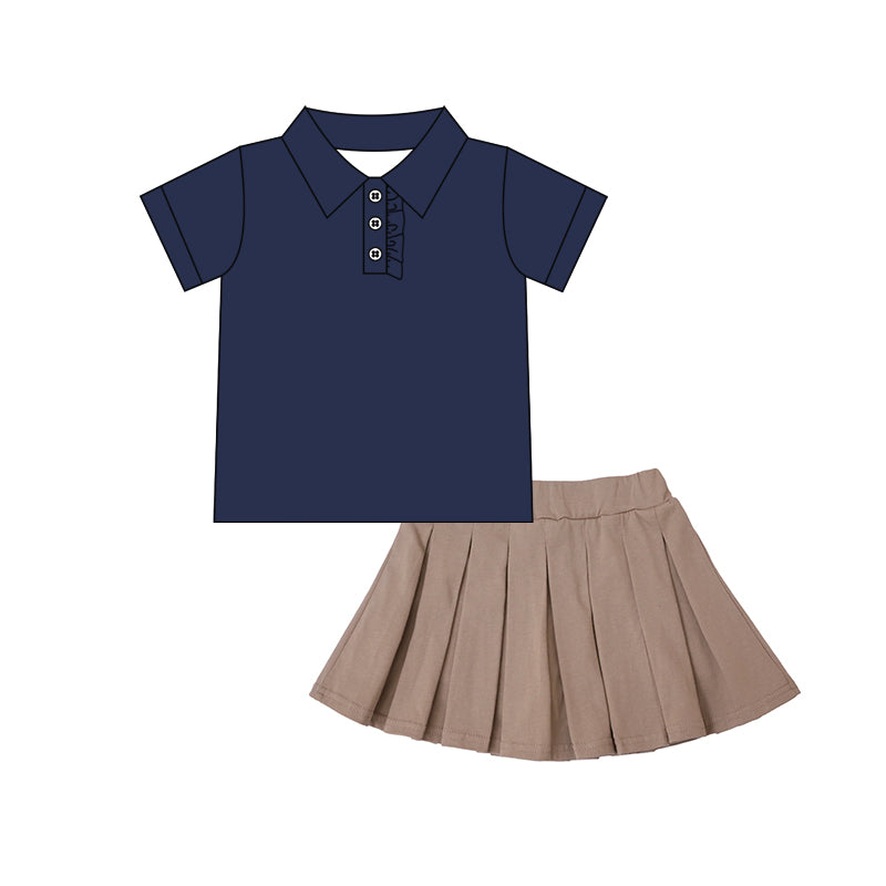 (Pre-order)GSD2696 Navy Polo Top Brown Skirts Girls Summer Clothes Set