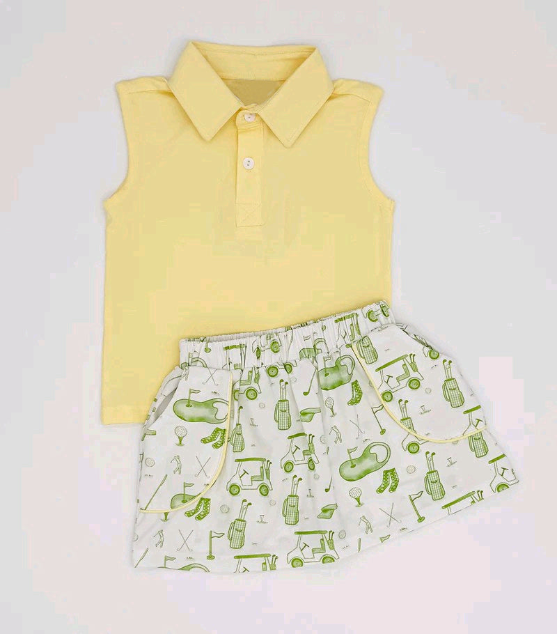 (Pre-order)GSD2698 Yellow Sleeveless Polo Top Golf Skirts Girls Summer Clothes Set