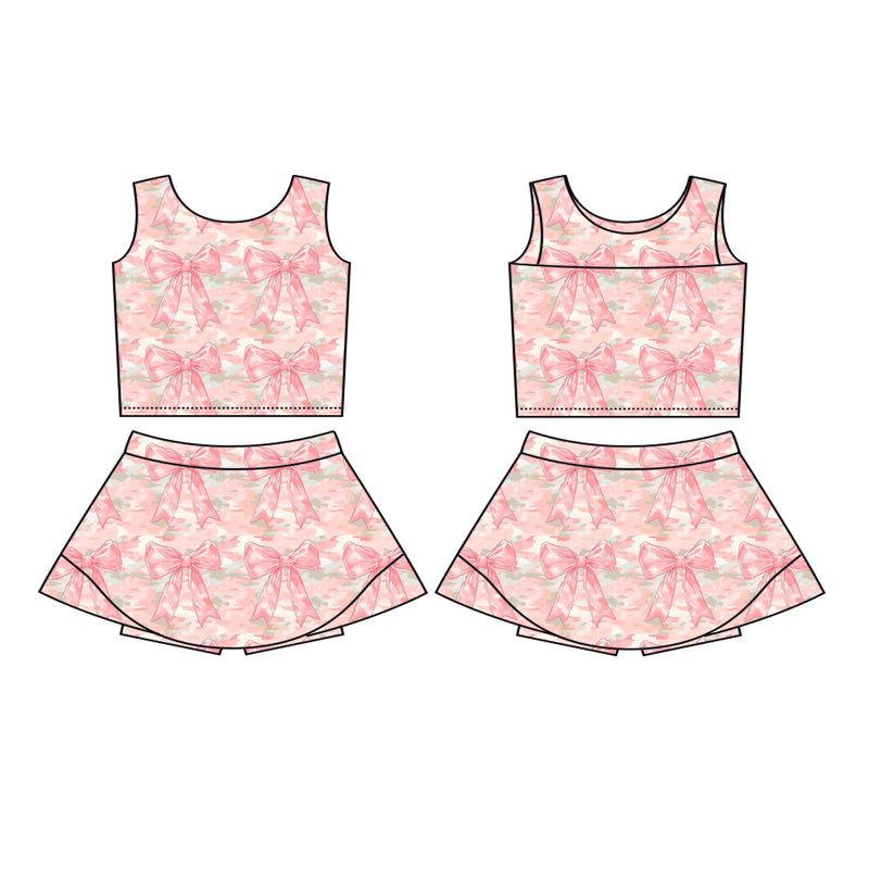 (Pre-order)GSD2701 Pink Camo Bows Tank Top Skirts Girls Summer Yoga Outfits