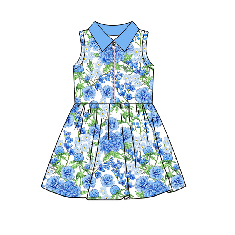 (Pre-order)GSD2713 Blue Flowers Girls Zipper Knee Length Yoga Dress