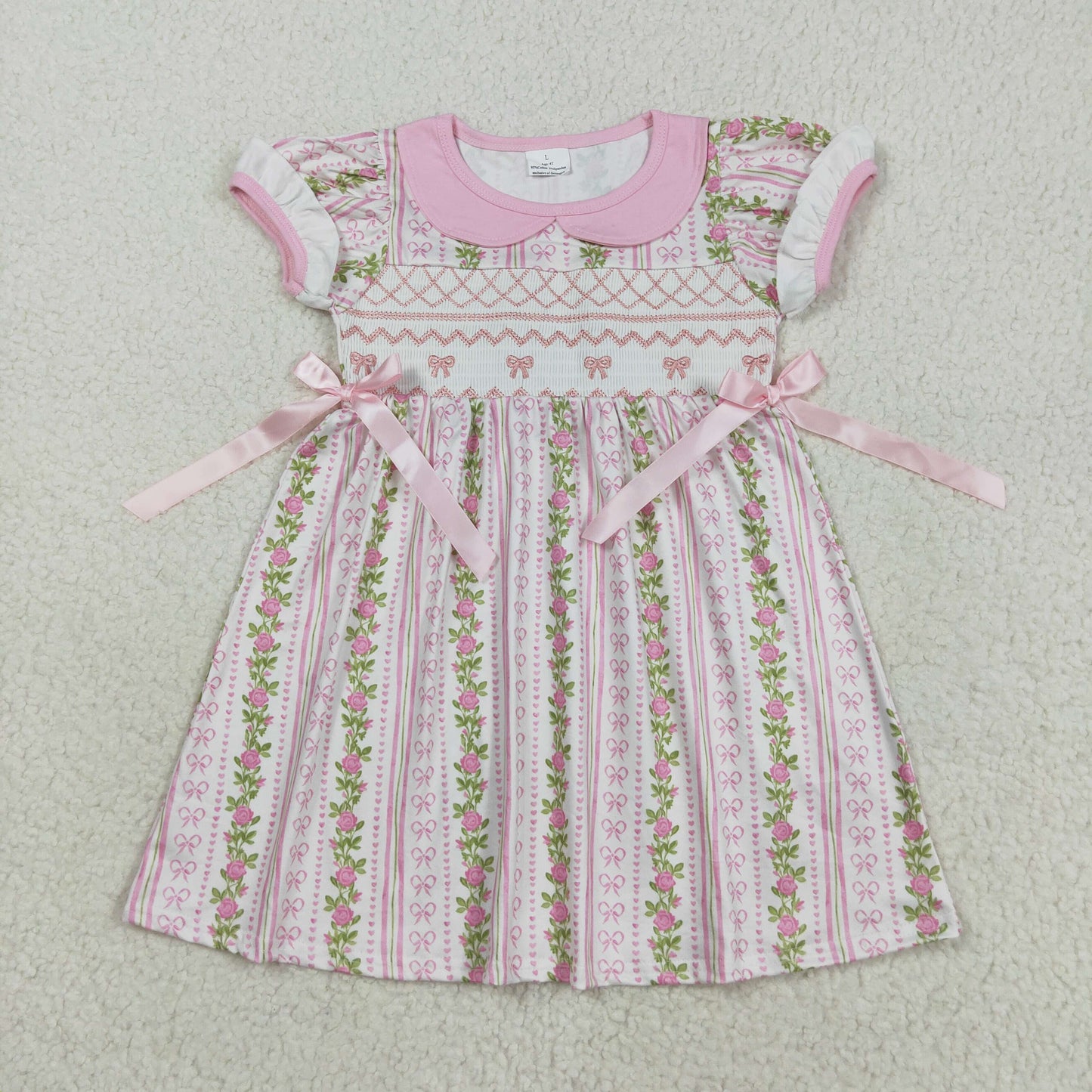 Bows Embroidery Pink Flowers Print Girls Summer Clothes Sisters Smocked Matching Wear