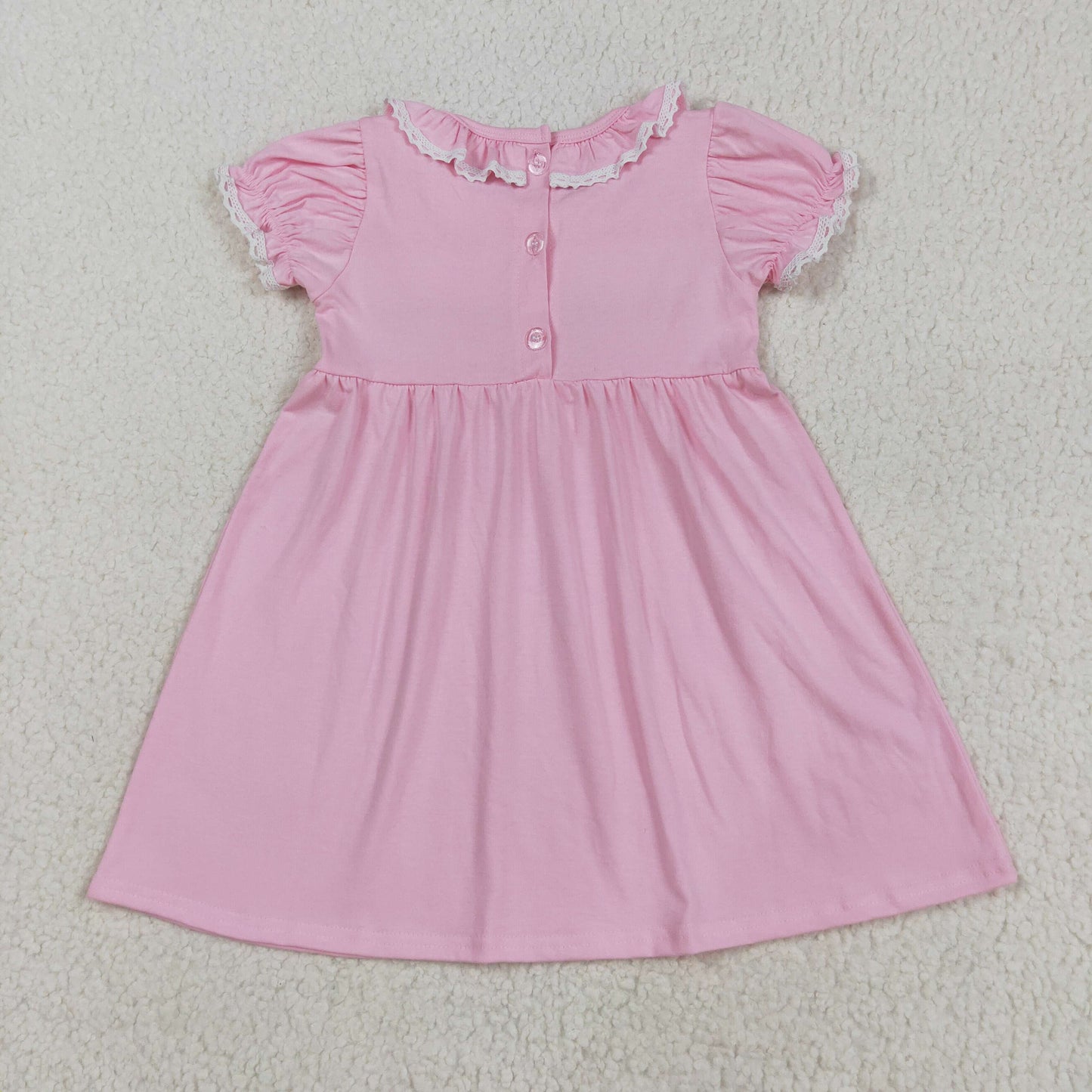 GSD2718 Bows Embroidery Pink Color Girls Summer Knee Length Smocked Dress