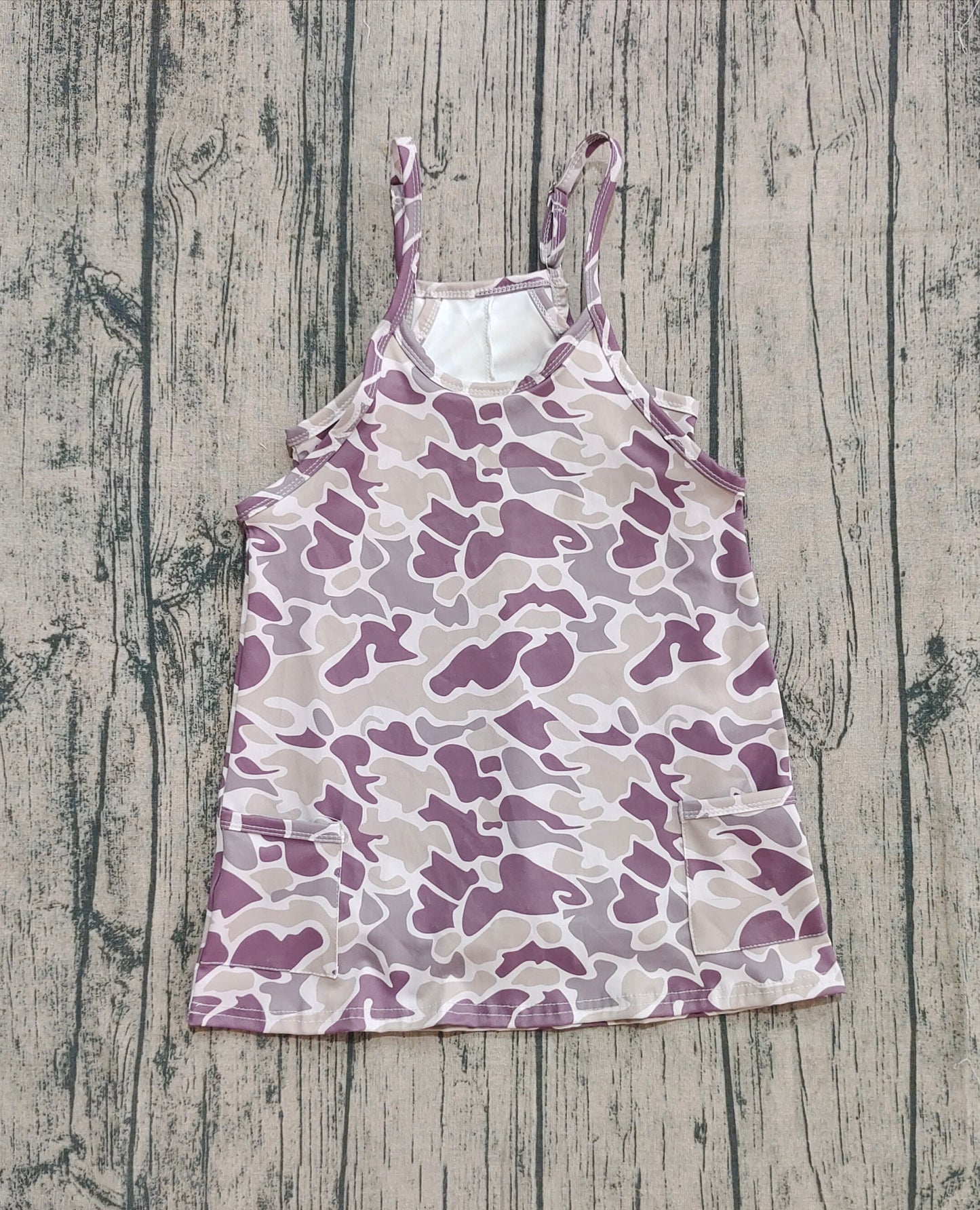 (Pre-order)GSD2719 Grey Camo Print Strap Pockets Girls Knee Length Yoga Dress