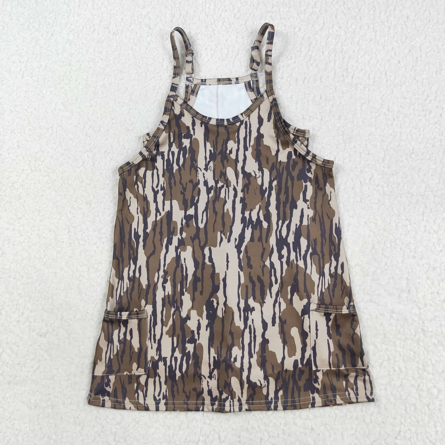 GSD2720 Camo Print Strap Pockets Girls Knee Length Yoga Dress