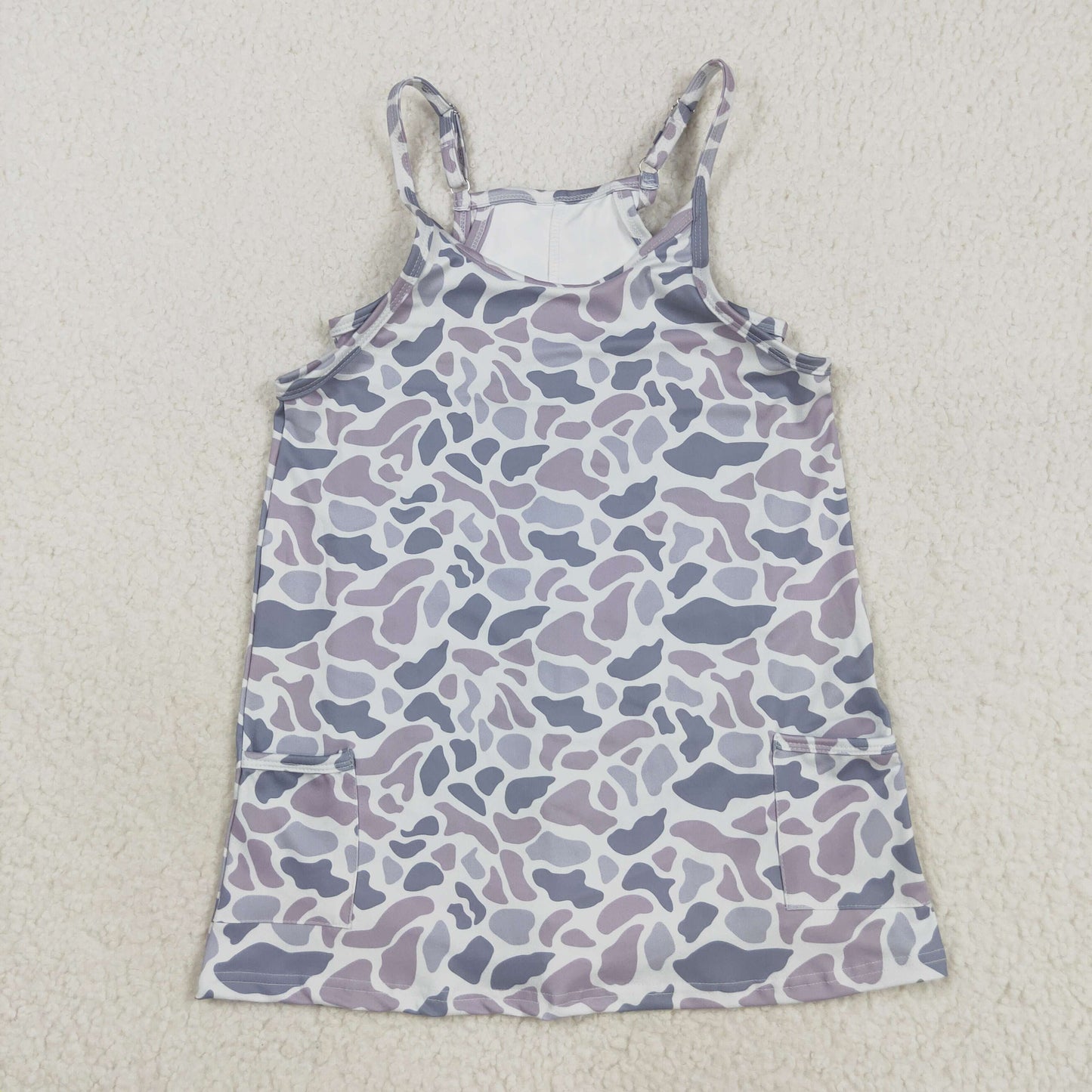 GSD2723 Grey Camo Print Strap Pockets Girls Knee Length Yoga Shorts Dress