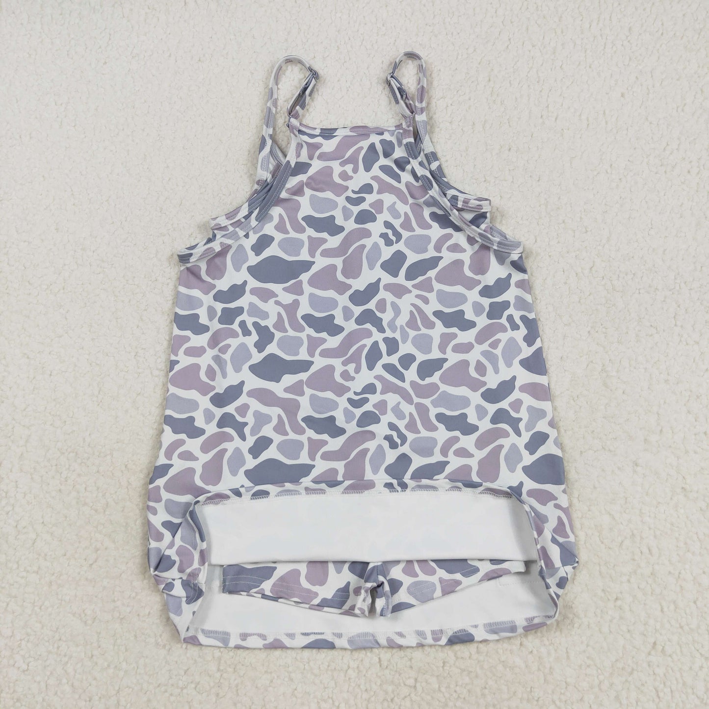 GSD2723 Grey Camo Print Strap Pockets Girls Knee Length Yoga Shorts Dress