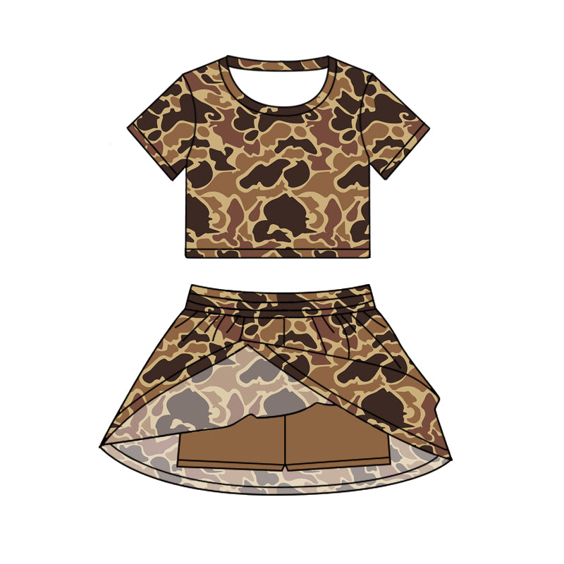 (Pre-order)GSD2725 Brown Camo Top Skirts Shorts Girls Summer Clothes Set
