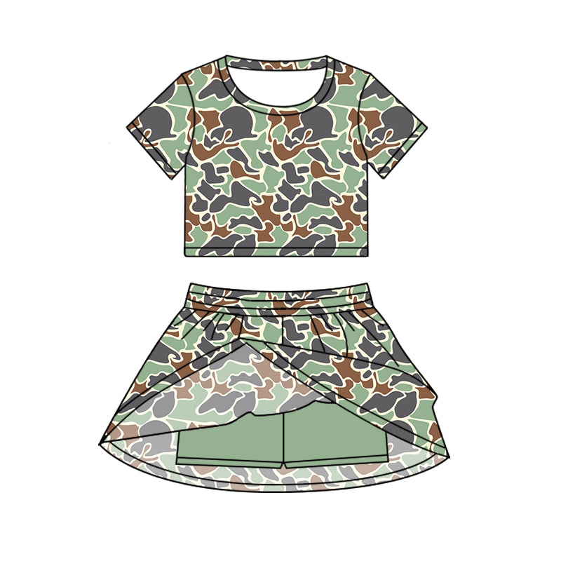 (Pre-order)GSD2727 Green Brown Camo Top Skirts Shorts Girls Summer Clothes Set
