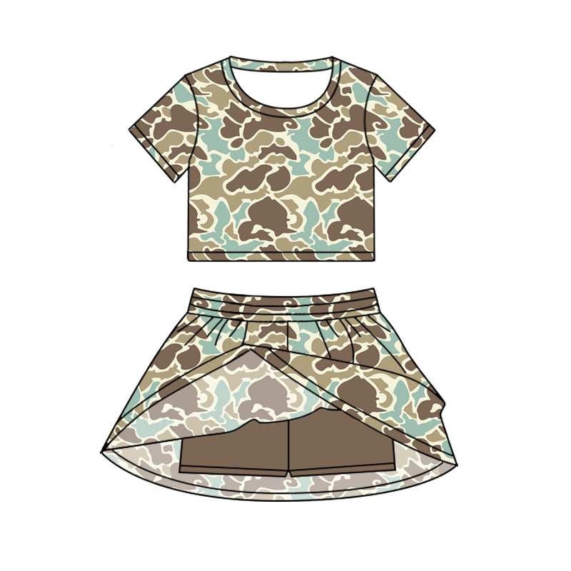 (Pre-order)GSD2729 Brown Blue Camo Top Skirts Shorts Girls Summer Clothes Set