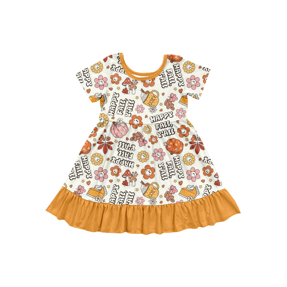 (Pre-order)GSD2756 Fall Y'all Flowers Print Girls Knee Length Dress