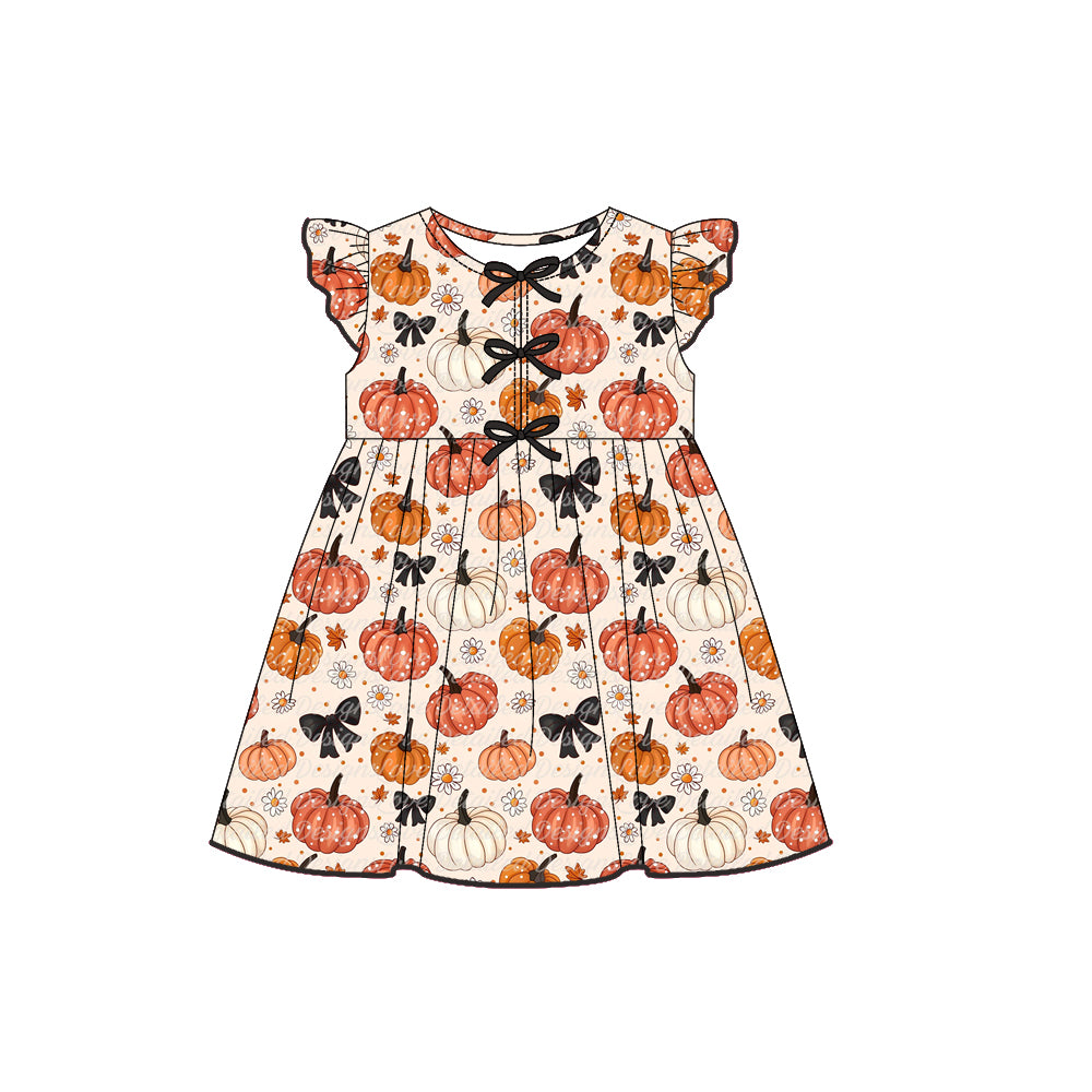 (Pre-order)GSD2769 Pumpkin Flowers Print Girls Fall Knee Length Dress