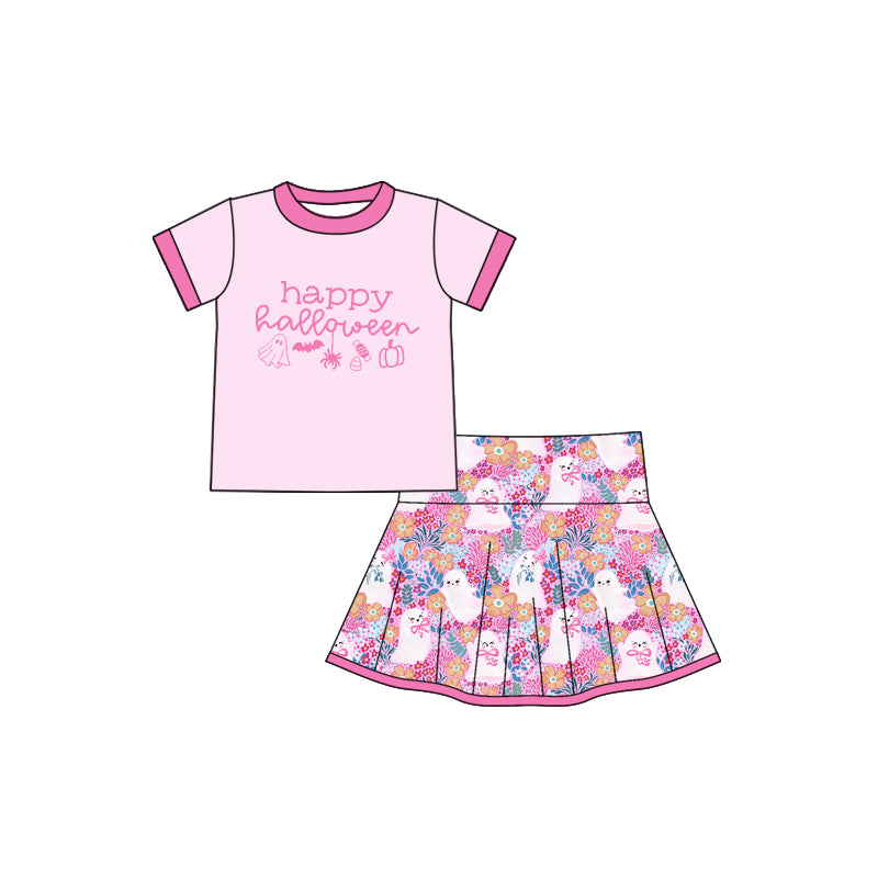 (Pre-order)GSD2773 Pink Top Spooky Flowers Skirts Shorts Girls Halloween Clothes Set