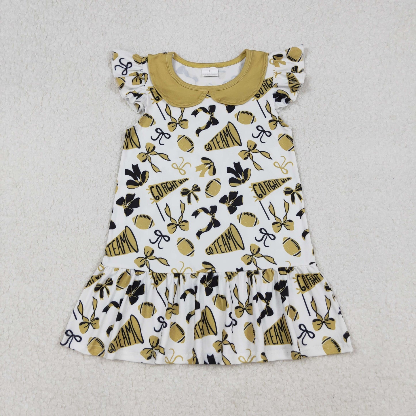 GSD2788 Go Team Cheer Gold Bows Print Girls Summer Knee Length Dress