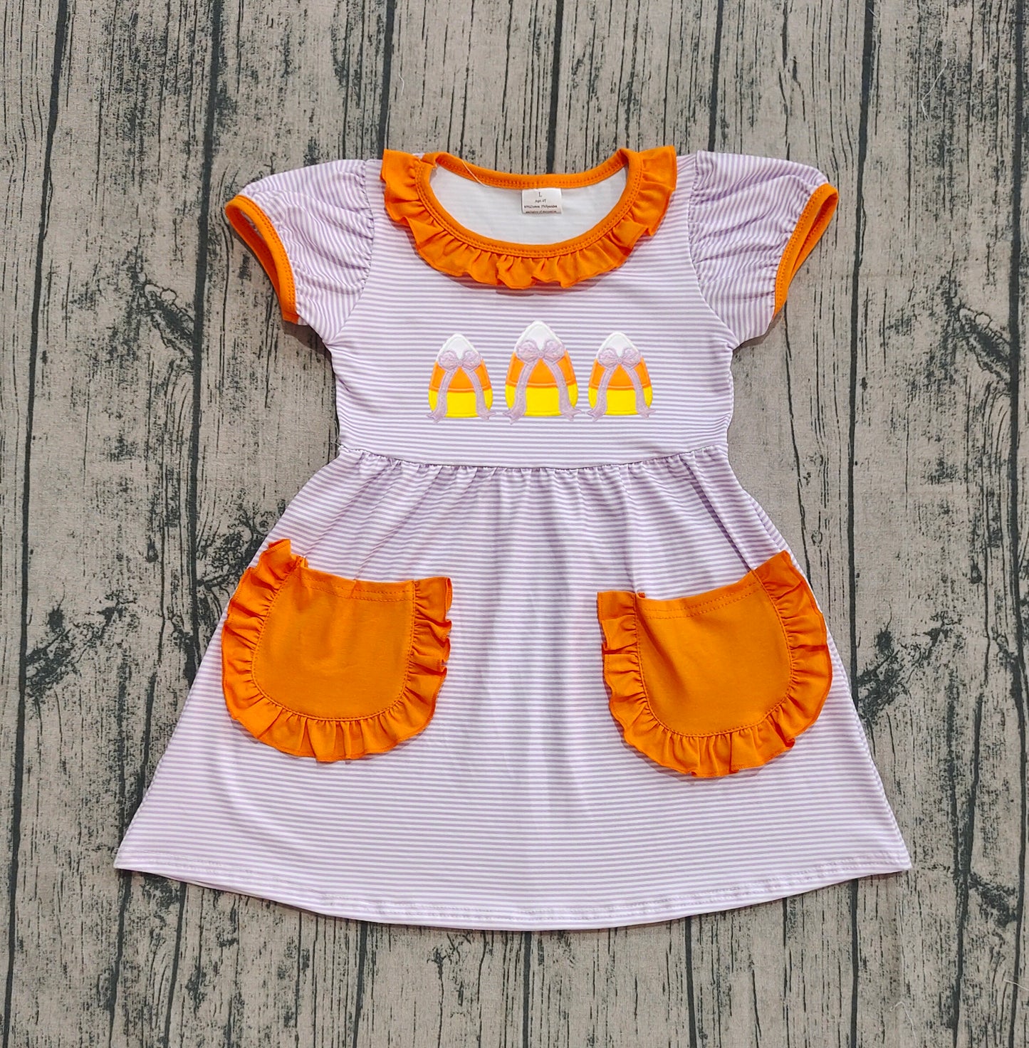 (Pre-order)GSD2791 Candy Bows Stripes Print Girls Halloween Knee Length Dress