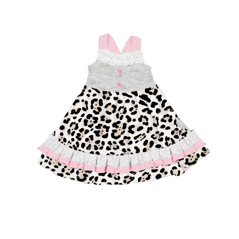 (Pre-order)GSD2808 Leopard Print Ruffle Girls Knee Length Dress