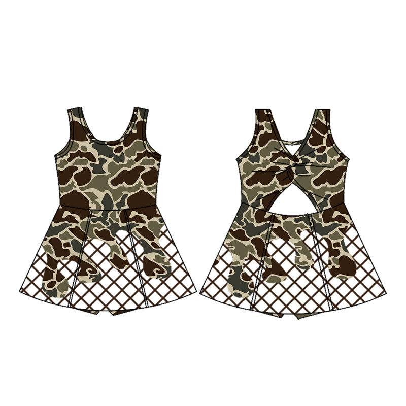 (Pre-order)GSD2821 Dark Green Camo Print Girls Summer Knee Length Yoga Dress