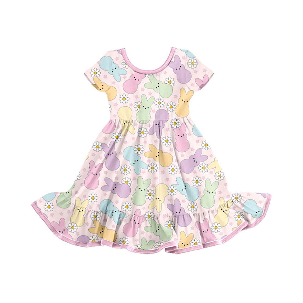 (Pre-order)GSD2826 Colorful Bunny Flowers Print Girls Easter Knee Length Dress