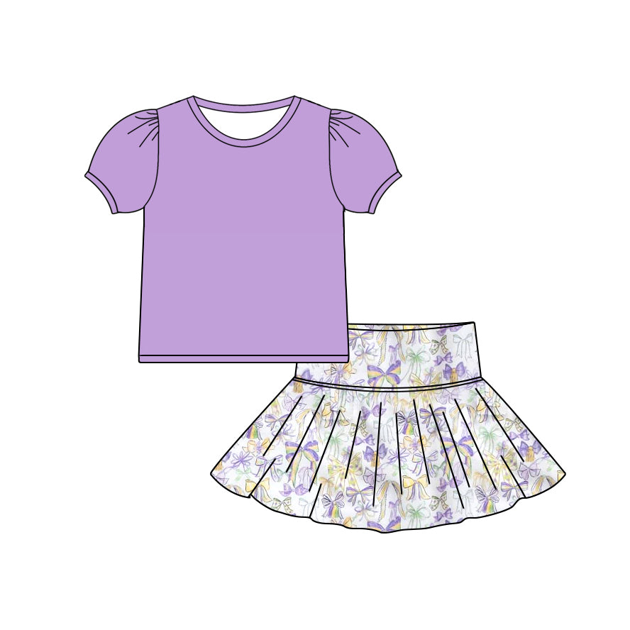 (Pre-order)GSD2829 Purple Top Bows Skirts Girls Mardi Gras Clothes Set