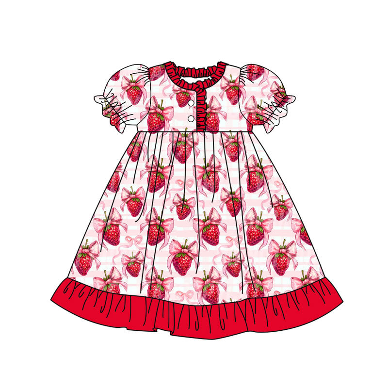 (Pre-order)GSD2830 Strawberry Bows Print Girls Valentine's Day Knee Length Dress