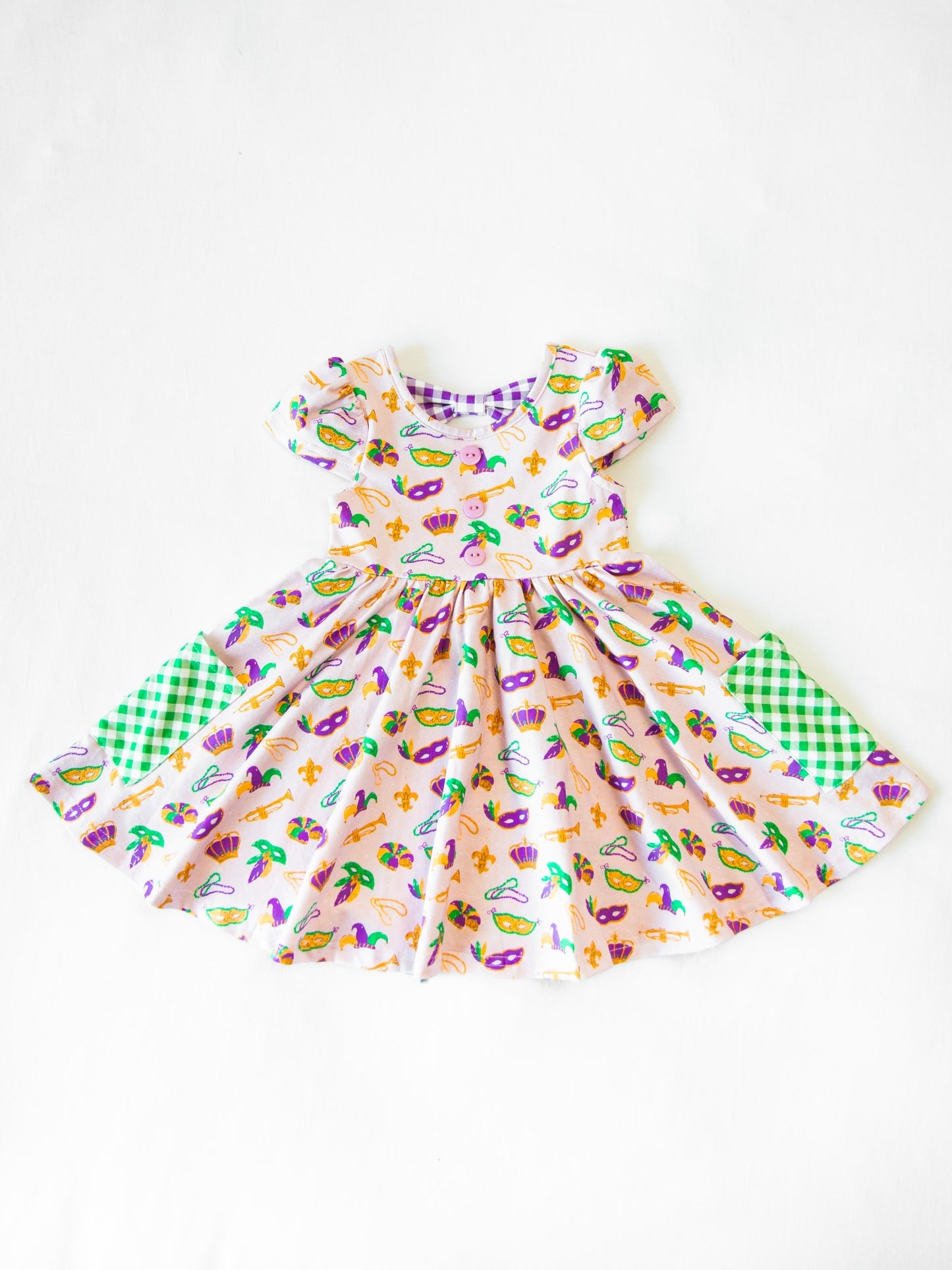 (Pre-order)GSD2831 Mask Print Pockets Girls Mardi Gras Knee Length Dress